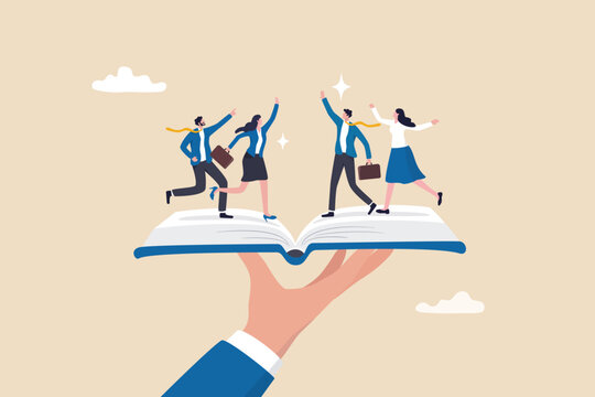 Employee handbook, manual for onboarding new staff, procedure or rule for welcome new hire to know company, business manual for success concept, businessman hand holding handbook with new employees.