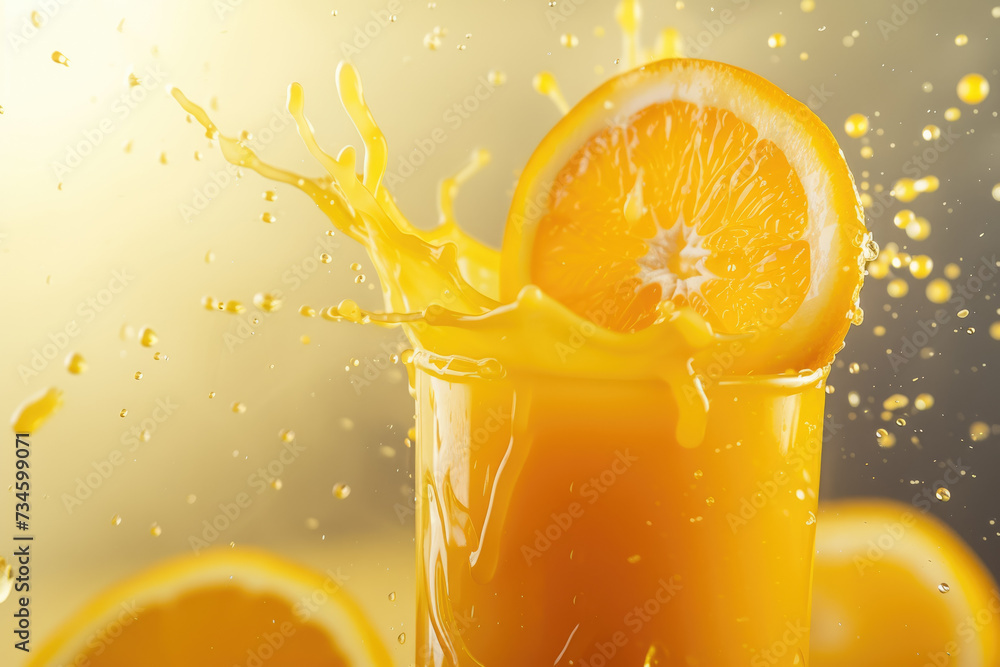 Poster juice with a orange color and a pulp and a professional overlay on the splash