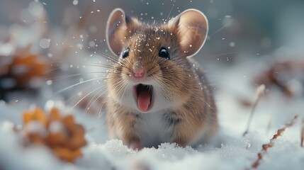 Funny portrait of surprised field mouse. Wondering about the first snowfall encounter rodent opened its mouth. Close up portrait.