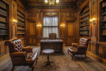 law office with a traditional design and wood paneling.