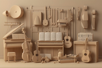 music store, with instruments and sheet music - obrazy, fototapety, plakaty