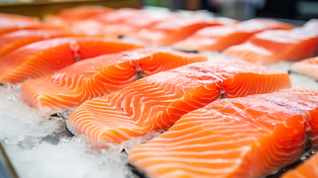 Fresh salmon fillets at a fish processing factory.