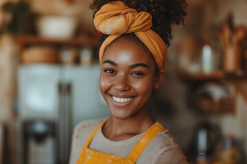 Positive African American woman housewife with an orange bow in her hair doing housework and cleaning