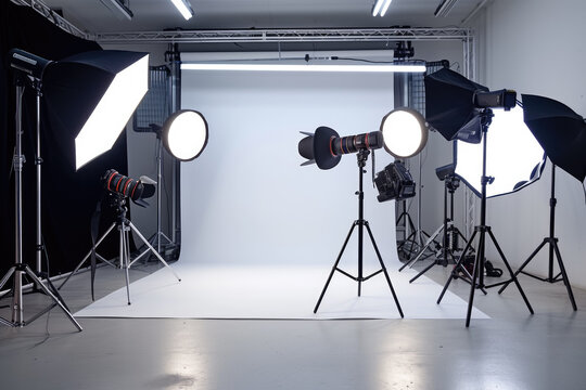 photography studio with a white backdrop and professional lighting.