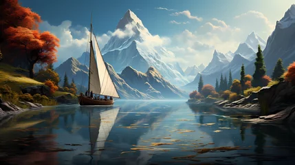 Ingelijste posters A serene turquoise blue lake reflecting the grandeur of the mountains, with a lone sailboat gliding gently on its glassy surface © Tae-Wan