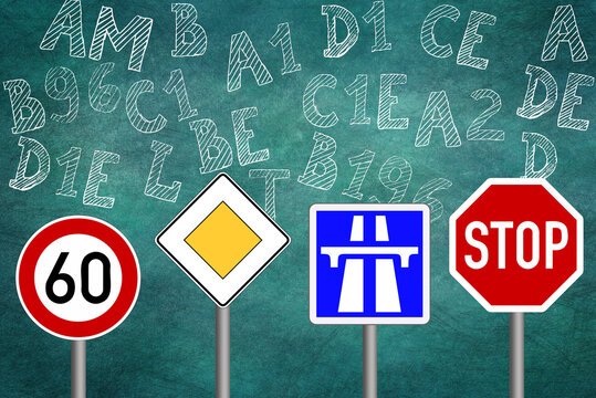 Verschiedene Verkehrsschilder, Fahrschule und F&uuml;hrerscheinklassen