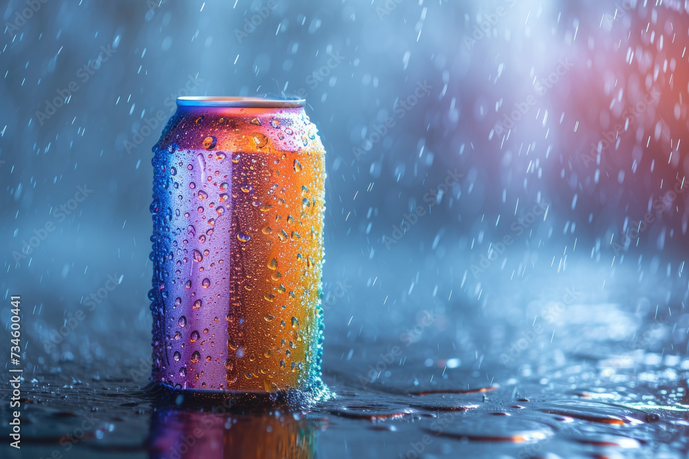 Poster soda with a fizzy color and a can and a professional overlay on the pop
