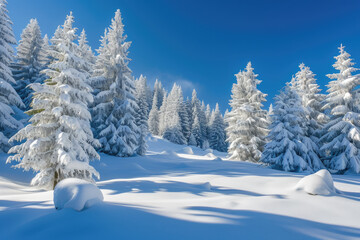 snow-covered landscape with evergreen trees and a clear blue sky