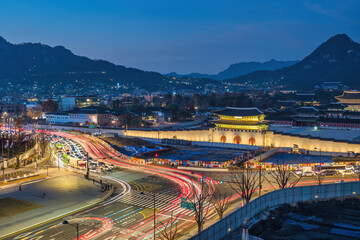 Seoul South Korea, night city skyline at Gwanghwamun Square and Gyeongbokgung Palace - 734600484