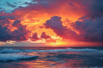 sunset over the ocean, with orange and pink clouds in the sky