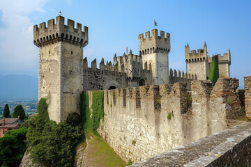 view of a medieval castle with towers and a moat