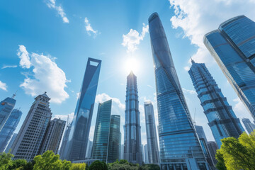 view of a modern city skyline with skyscrapers and a blue sky - Powered by Adobe