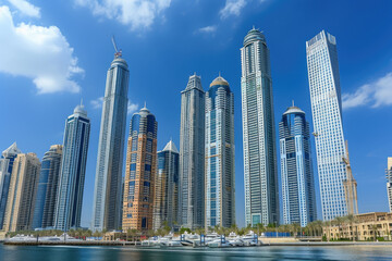 view of a modern city skyline with skyscrapers and a blue sky