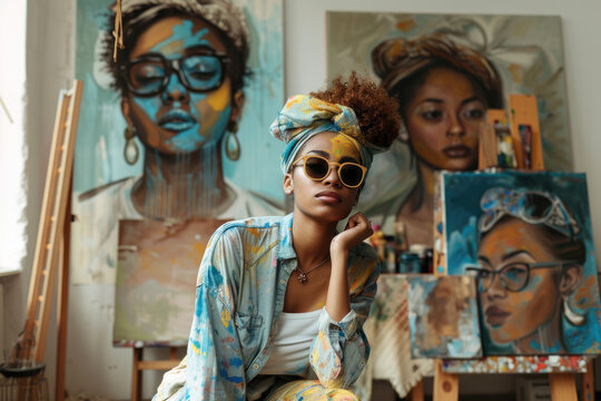 Portrait of beautiful multiracial artist female. Decoration and improvement interior