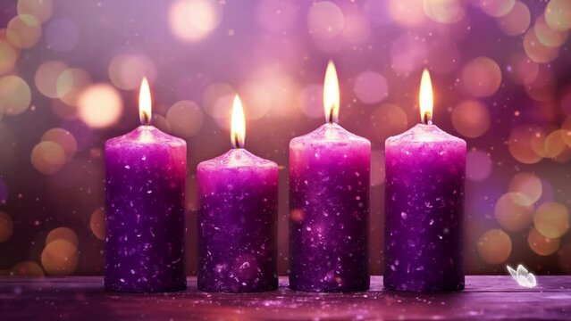 abstract advent four purple candles with soft blur background. seamless looping overlay 4k virtual video animation background 