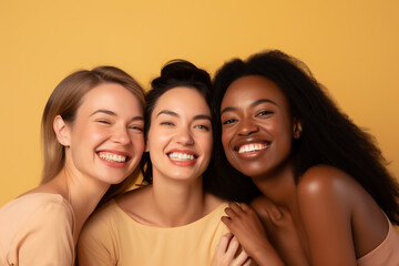 Fototapeta premium Three Happy Young Women Celebrating Togetherness on a Joyful Yellow Background. Friendship and Diversity Concept