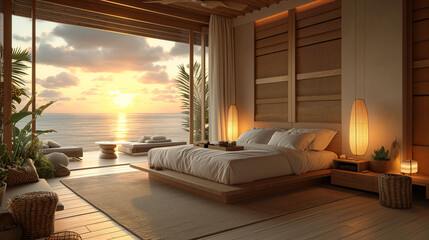 Luxurious resort in Bali style, wood spa room with luxuriously soft fabric bed. The close-up scene...