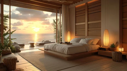 Poster Bali Luxurious resort in Bali style, wood spa room with luxuriously soft fabric bed. The close-up scene has neutral gold tones. Sunset tropical beachfront room with a relaxing and modern style.