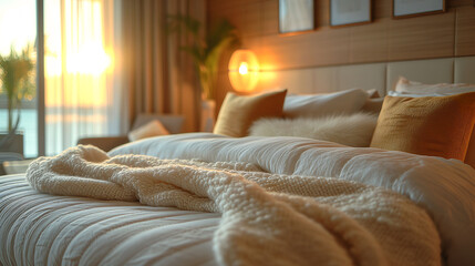 The super luxurious resort, wood spa room with luxuriously soft fabric bed. The close-up scene, has neutral gold tones. Sunset tropical beachfront room with a relaxing and modern style.