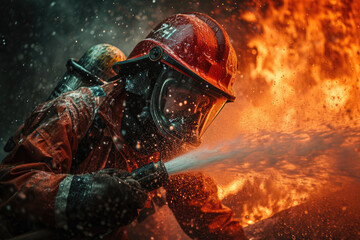 firefighter putting out a fire in a building with a hose