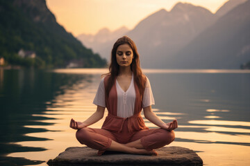 Fototapeta na wymiar a beautiful woman doing meditation by a lake