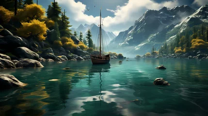 Poster A serene turquoise blue lake reflecting the grandeur of the mountains, with a lone sailboat gliding gently on its glassy surface © Tae-Wan