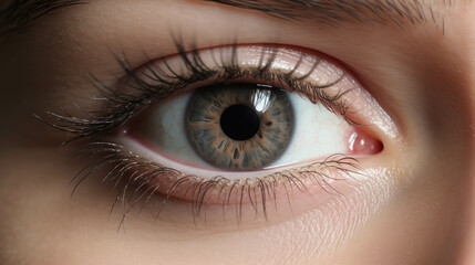 A close-up of a blue eye with long eyelashes.The lens appears clear