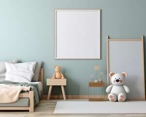 Cozy Child's Bedroom Interior with Plush Toys and Blank Picture Frame
