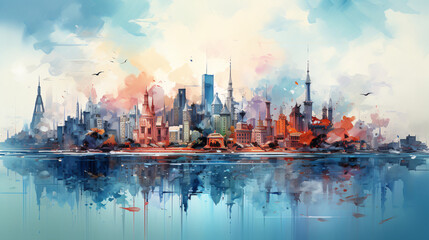 Illustration abstraite d'une grande métropole avec de multiples couleurs - obrazy, fototapety, plakaty