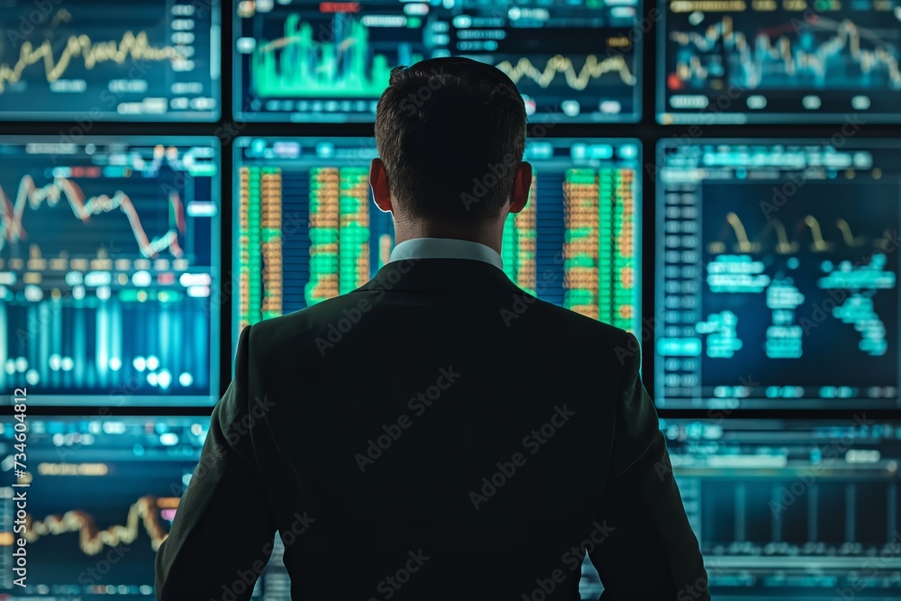 Poster a man is standing in front of an overview of trading screens