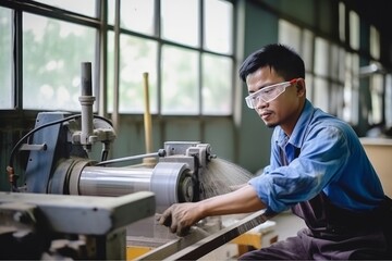 An Asian male turner in safety glasses is busy in a spacious production workshop - obrazy, fototapety, plakaty