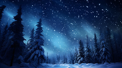 forest in winter,,
Under the starry night sky wintry forest pine trees blanketed in snow winter landscape copy space
 - obrazy, fototapety, plakaty