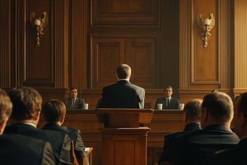image of a man speaking from a podium in a courtroom - obrazy, fototapety, plakaty