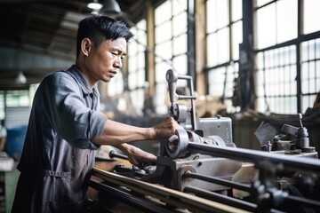Fototapeta na wymiar Asian male lathe operator in hectic workshop with glass windows and productive environment