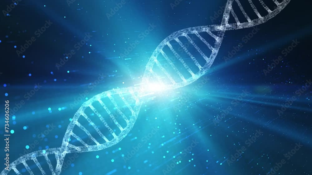 Poster glowing dna double helix chain loop rotation on blue background.