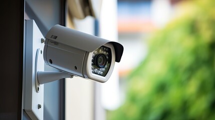 CCTV security camera close-up for home security and surveillance, video camera guards the house. Generative Ai