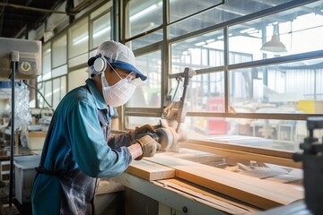 An Asian male turner in safety glasses and a mask works in a production shop with large windows - obrazy, fototapety, plakaty