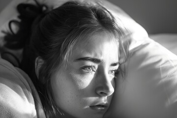 woman on bed crying in a cold room, in the style of monochrome