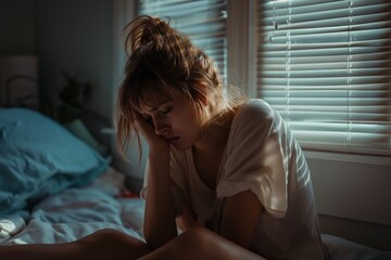 woman on bed crying in a cold room, in the style of soft colors, 