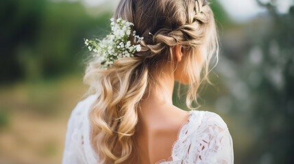 Naklejka premium Bridal Hairstyle with Elegant Braids and White Flowers. Romantic Wedding Beauty Concept