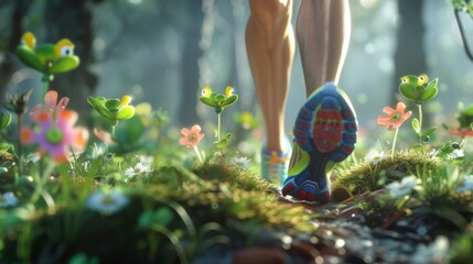 Runner's legs with colorful shoes, surrounded by happy, swaying flowers. The runner's colorful shoes stand out among the smiling flowers. - obrazy, fototapety, plakaty