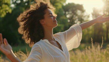 woman relaxing breathing fresh air of nature