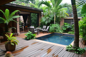 The exterior of a back garden patio area with wood decking, tropical plants, a mini pool