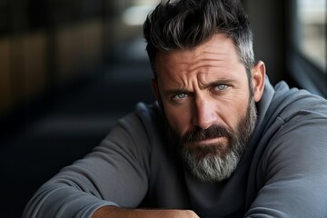 Portrait of handsome mature man with beard and mustache looking at camera