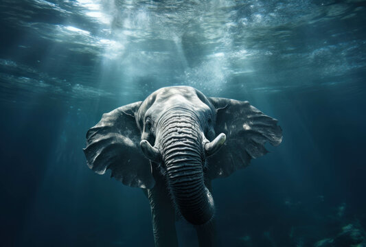 An elephant is swimming in the water. African elephant in ocean