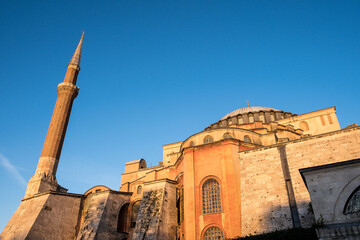Detail of Hagia Sophia, the iconic historical site in Istanbul, Turkey. Originally a 6th-century church, it transformed into a mosque, then a museum, and was officially reconverted in 2020.
