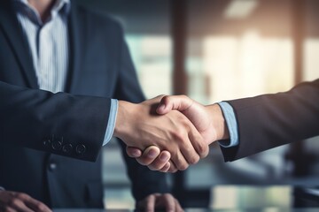 Two colleagues sealing a successful business deal with a firm handshake.