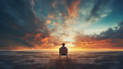 Obraz premium A lonely man sits in a chair in a fantasy landscape with a shining cloudy sky.