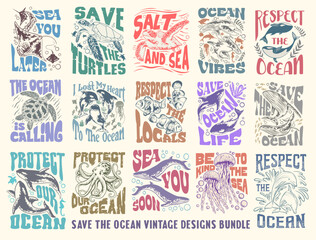 Save the ocean vintage graphic poster set, environmental quotes bundle. Save the ocean typography t shirt designs bundle, Earth day, nature lover design. Ecological and environment design for print. 