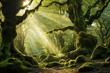 Sunlight filters through ancient trees in a moss-covered forest